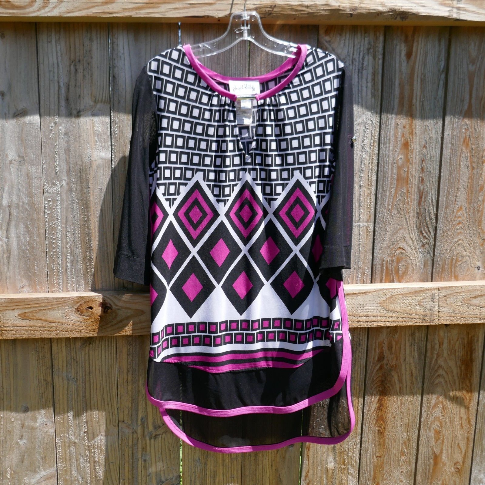 Joseph Ribkoff Geo Print Tunic Blouse Rolltab Sleeve Size 10 Black White Pink
